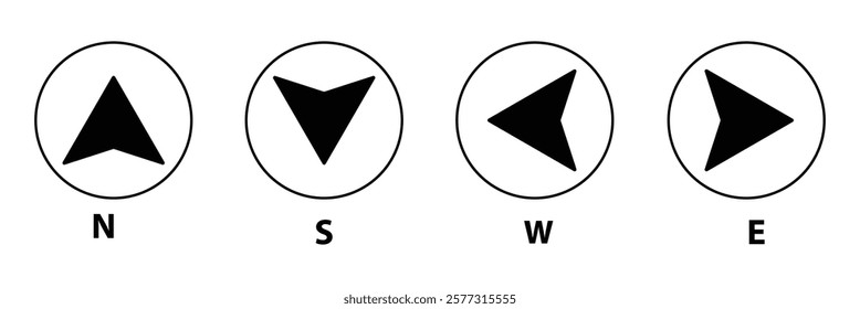 Compass icon. Nautical compass for travel with sign of north, south, west, east. Set of logo for map and navigation. Symbol of direction. Arrow, dial for orientation of latitude, longitude. Vector