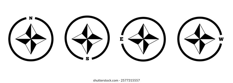 Compass icon. Nautical compass for travel with sign of north, south, west, east. Set of logo for map and navigation. Symbol of direction. Arrow, dial for orientation of latitude, longitude. Vector