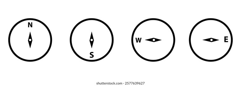 Compass icon. Nautical compass for travel with sign of north, south, west, east. Set of logo for map and navigation. Symbol of direction. Arrow, dial for orientation of latitude, longitude.