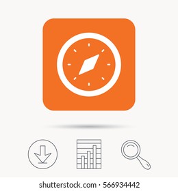 Compass icon. Navigation device symbol. Report chart, download and magnifier search signs. Orange square button with web icon. Vector