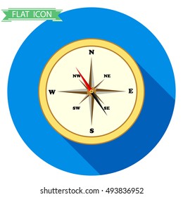 Compass, Compass icon, navigation, map, location, direction, north, south, west, east. Flat design, vector.
