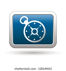Compass icon on the blue with silver rectangular button. Vector illustration