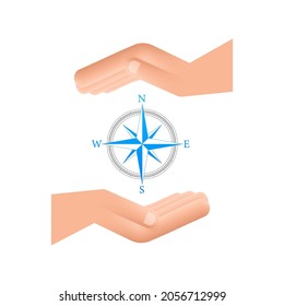 Compass icon over hands on white background. Flat vector navigation symbol. Vector stock illustration.