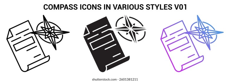 Compass icon represented by Compass simple symbol Line, Filled, Gradient style.