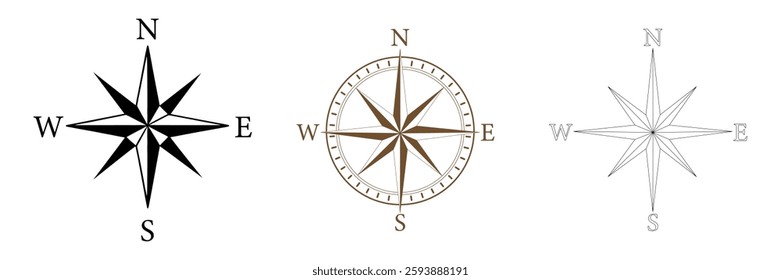 Compass icon. Compass rose sign. Star icon navigation. Northern Star. Polar Star logo. Windrose symbol. Nautical wind rose icon. Compasses for travel map. Navigation arrow symbols.