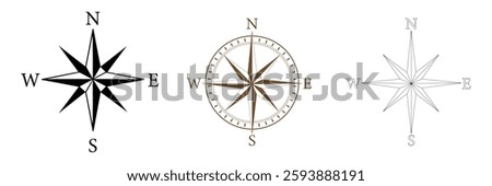 Compass icon. Compass rose sign. Star icon navigation. Northern Star. Polar Star logo. Windrose symbol. Nautical wind rose icon. Compasses for travel map. Navigation arrow symbols.