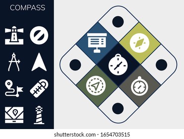 compass icon set. 13 filled compass icons.  Simple modern icons such as: Compass, Gps, Lighthouse, Direction, Sleeping bag, Navigation, Protractor, Project