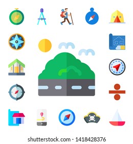 compass icon set. 17 flat compass icons.  Collection Of - cabin, sea, blueprint, gps, divide, Compass, trekking, pirates, camp, sailboat