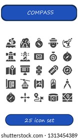 compass icon set. 25 filled compass icons.  Simple modern icons about  - Sailing, Cave, Compass, Sailor, Lighthouse, Blueprint, Maps, Project, Direction, Sleeping bag, Architecture