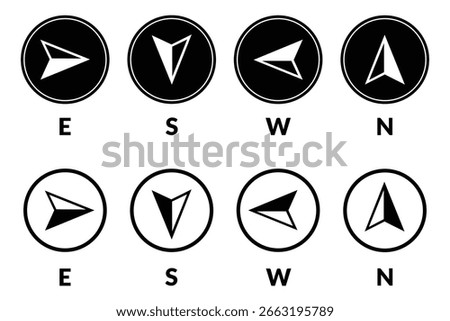 Compass icon set, Arrow compass icon sign and symbol, Compass icon for navigation and travel direction themes, Vector compass rose with North, South, East, and West indicated