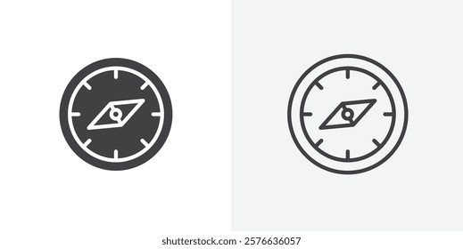 Compass icon set in black flat solid and outlined style.