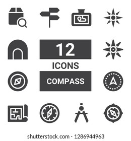 compass icon set. Collection of 12 filled compass icons included Compass, Blueprint, Navigation, Directions, Cave, Localize, Gps