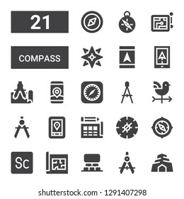 compass icon set. Collection of 21 filled compass icons included Cave, Compass, Projection, Blueprint, Scout, Gps, Vane, Safari, Navigation, Windrose