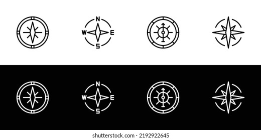 Compass icon set. Flat design icon collection isolated on black and white background.