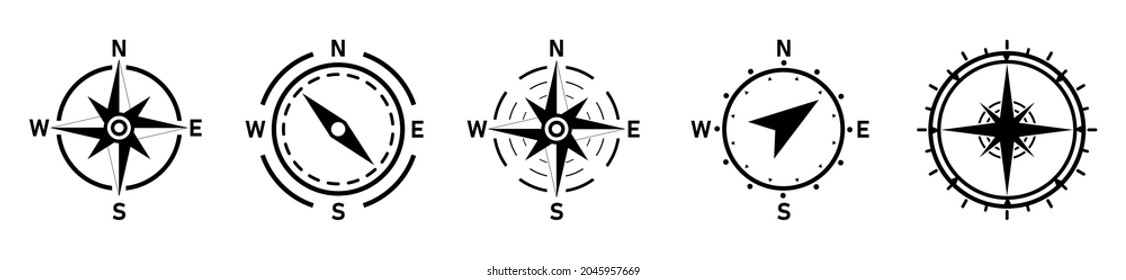 Compass icon set. Line art style. Wind rose icon. Vector illustration