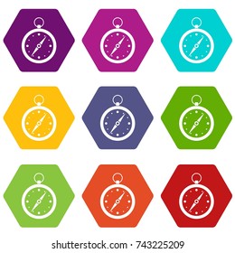 Compass icon set many color hexahedron isolated on white vector illustration