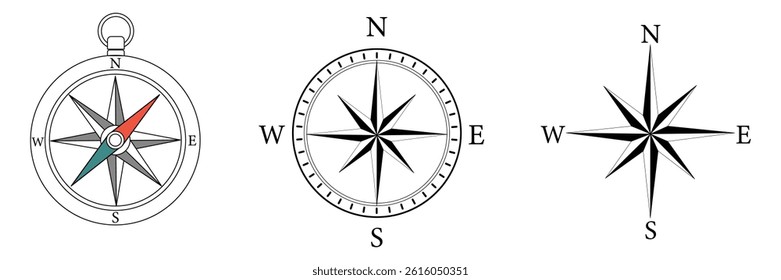 Compass icon set. Monochrome navigational compass with cardinal directions of North, East, South, West. Geographical position, cartography and navigation. Vector illustration.