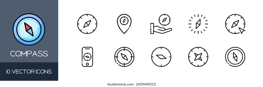 Compass icon set. Navigation icons. Linear style. Vector icons