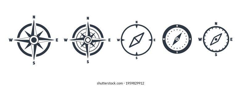 Compass icon set. Navigation pictogram collection. Vector isolated on white.