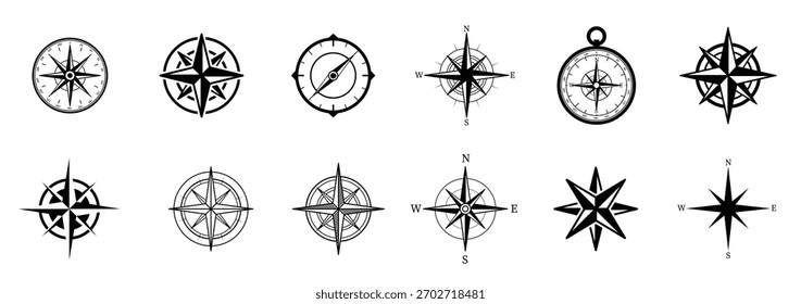 Icono de brújula. Conjunto de iconos de brújula. Símbolo de navegación.