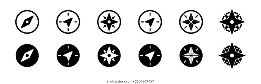 Compass icon set. Navigation compass vector. Line and glyph wind rose compass