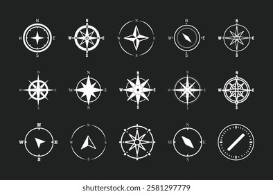 Compass icon set. Navigation compass vector. Line and glyph wind rose compass.