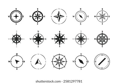 Compass icon set. Navigation compass vector. Line and glyph wind rose compass.