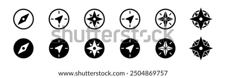 Compass icon set. Navigation compass vector. Line and glyph wind rose compass