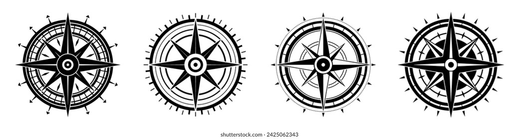Compass icon. Set of compass symbols. Black icon of compass isolated on white background. Vector illustration.