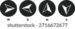 Compass icon set. West, north, east, south arrow. Navigation arrow graphic design. Directional pointer symbols. Map and wayfinding design elements
