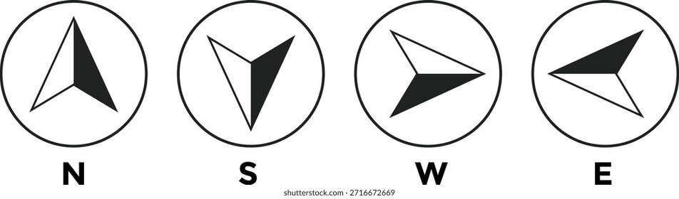 Conjunto de iconos de brújula. Flecha oeste, norte, este, sur. Diseño gráfico de flecha de navegación. Símbolos de puntero direccional. Mapa y Elementos de diseño de orientación
