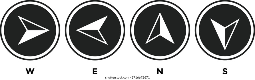 Conjunto de iconos de brújula. Flecha oeste, norte, este, sur. Diseño gráfico de flecha de navegación. Símbolos de puntero direccional. Mapa y Elementos de diseño de orientación
