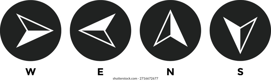 Conjunto de iconos de brújula. Flecha oeste, norte, este, sur. Diseño gráfico de flecha de navegación. Símbolos de puntero direccional. Mapa y Elementos de diseño de orientación
