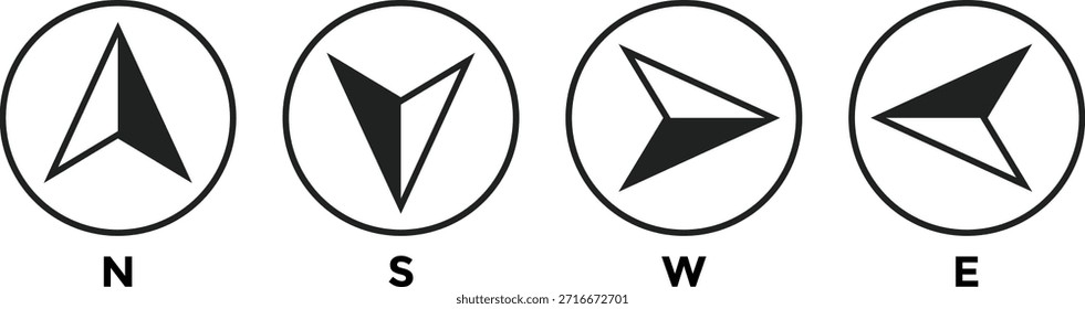 Conjunto de iconos de brújula. Flecha oeste, norte, este, sur. Diseño gráfico de flecha de navegación. Símbolos de puntero direccional. Mapa y Elementos de diseño de orientación
