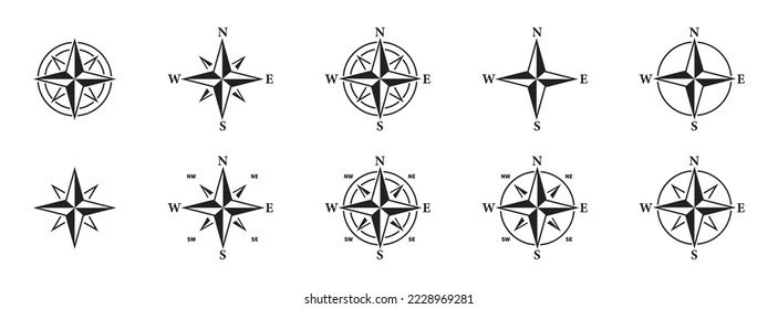 Compass icon set. Set of wind rose icons. Compass symbol collection. Vector illustration.