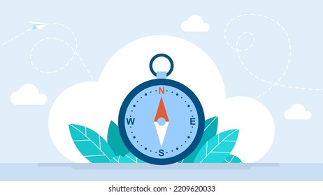 Compass icon, sign. Navigation equipment. Blue compass with white red arrow.  Local orientation. Banner for website, web page, flyers. Business concept of navigation. Vector illustration. Flat design.