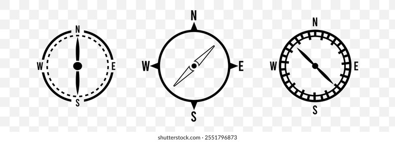 Ícone de bússola vetorial. Ícones de bússola definidos. Coleção de ícones da bússola. Ilustração vetorial. Ícone da bússola.