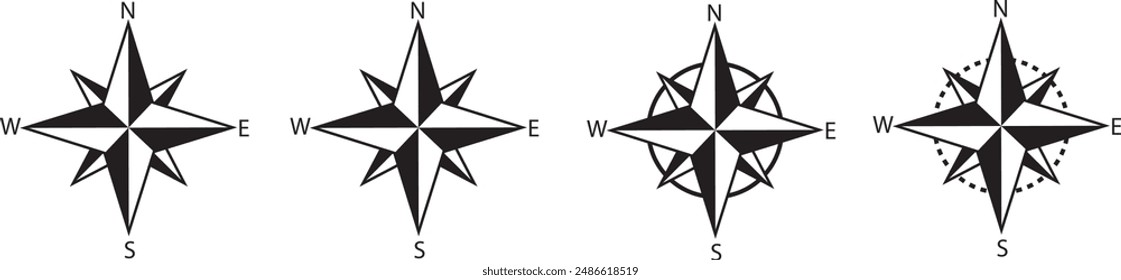 Compass icon vector set stock illustration. Vintage compass. Compasses for travel map. Navigation arrow symbols.