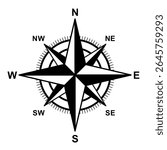Compass icon, vector. Compass symbol, silhouette.  Navigation icon, symbol concept. North, South, West, East indicated with compass arrow. Vector illustration. Isolated on White Background