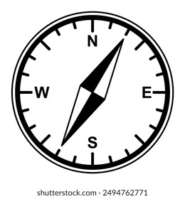 Compass icon, vector. Compass symbol, silhouette.  Navigation icon, symbol concept. North, South, West, East indicated with compass arrow. Vector illustration.