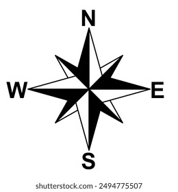 Compass icon, vector. Compass symbol, silhouette.  Navigation icon, symbol concept. North, South, West, East indicated with compass arrow. Vector illustration.