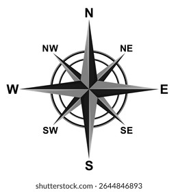 Compass icon, vector. Compass symbol, silhouette.  Navigation icon, symbol concept. North, South, West, East indicated with compass arrow. Vector illustration. Isolated on White Background