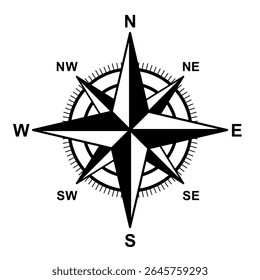 Compass icon, vector. Compass symbol, silhouette.  Navigation icon, symbol concept. North, South, West, East indicated with compass arrow. Vector illustration. Isolated on White Background