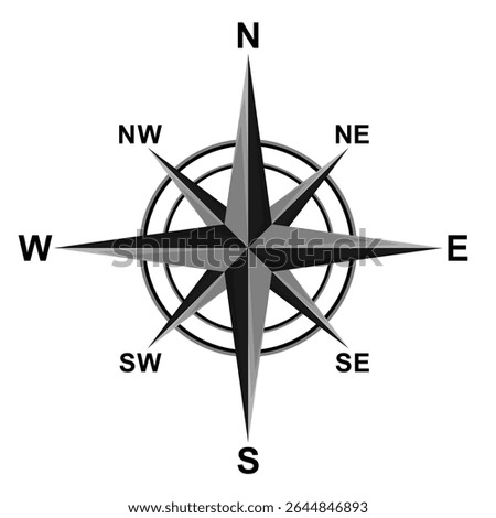 Compass icon, vector. Compass symbol, silhouette.  Navigation icon, symbol concept. North, South, West, East indicated with compass arrow. Vector illustration. Isolated on White Background