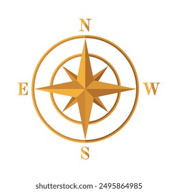 The compass icon. The wind rose. The compass is in gold color in a cartoon style. Navigation device. vector illustration isolated on a white background for design and web.