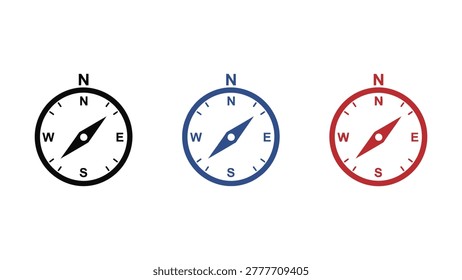 Compass icons in black blue red for direction and navigation direction exploration guidance