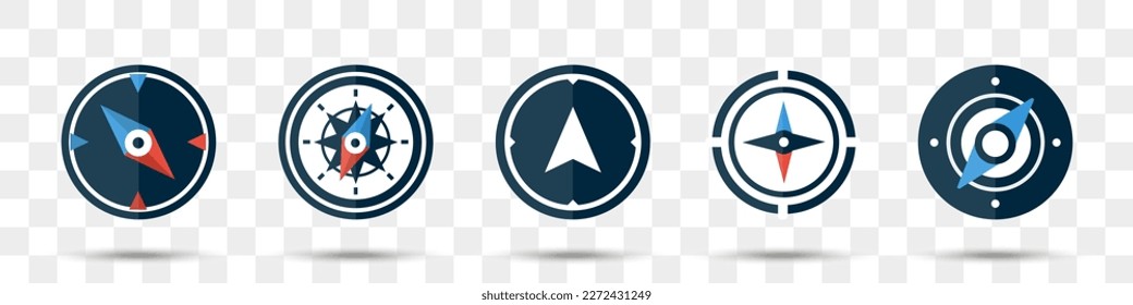 Kompass-Symbolsammlung in einem flachen Design. Gruppe von Navigationskompass mit Schatten