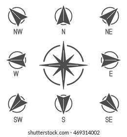 Compass icons with different directions. Set of 9 solid vector icons