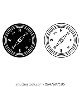Compass Icons with Directional Markings - Solid Black and Outline Vector Navigation Symbols