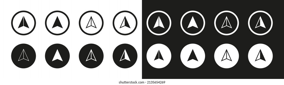 Compass icons. Compass icon with arrow of direction. Logo for navigation on map. Symbol of north, south, west and east. Simple graphic signs for gps, location and adventure. Vector.